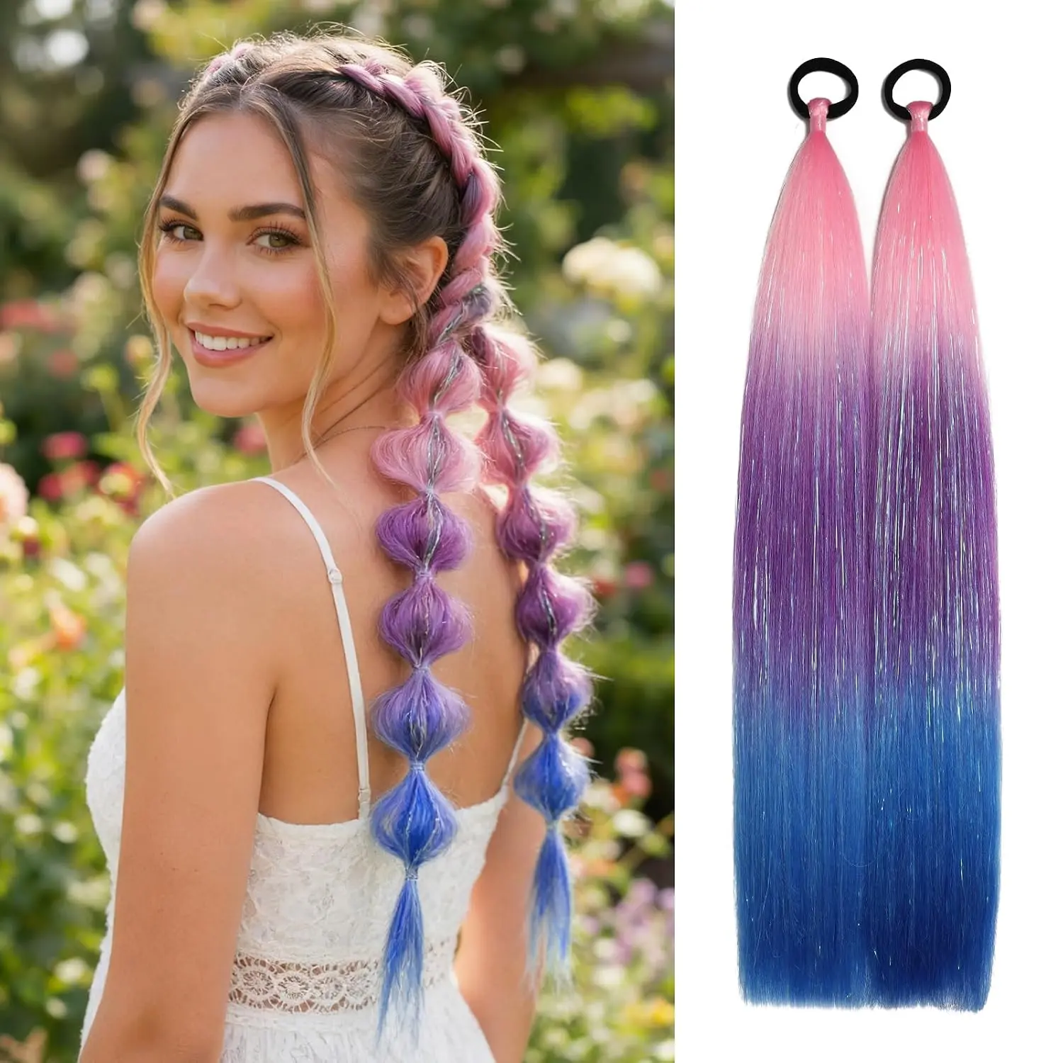 2 count 26" Colored Hair Extensions with Tinsel for Crazy Hair Day | Neon Hair Accessories for Women Girls DIY Festival, Colorful Ponytail Extension for  & Spirit Week (//Blue)