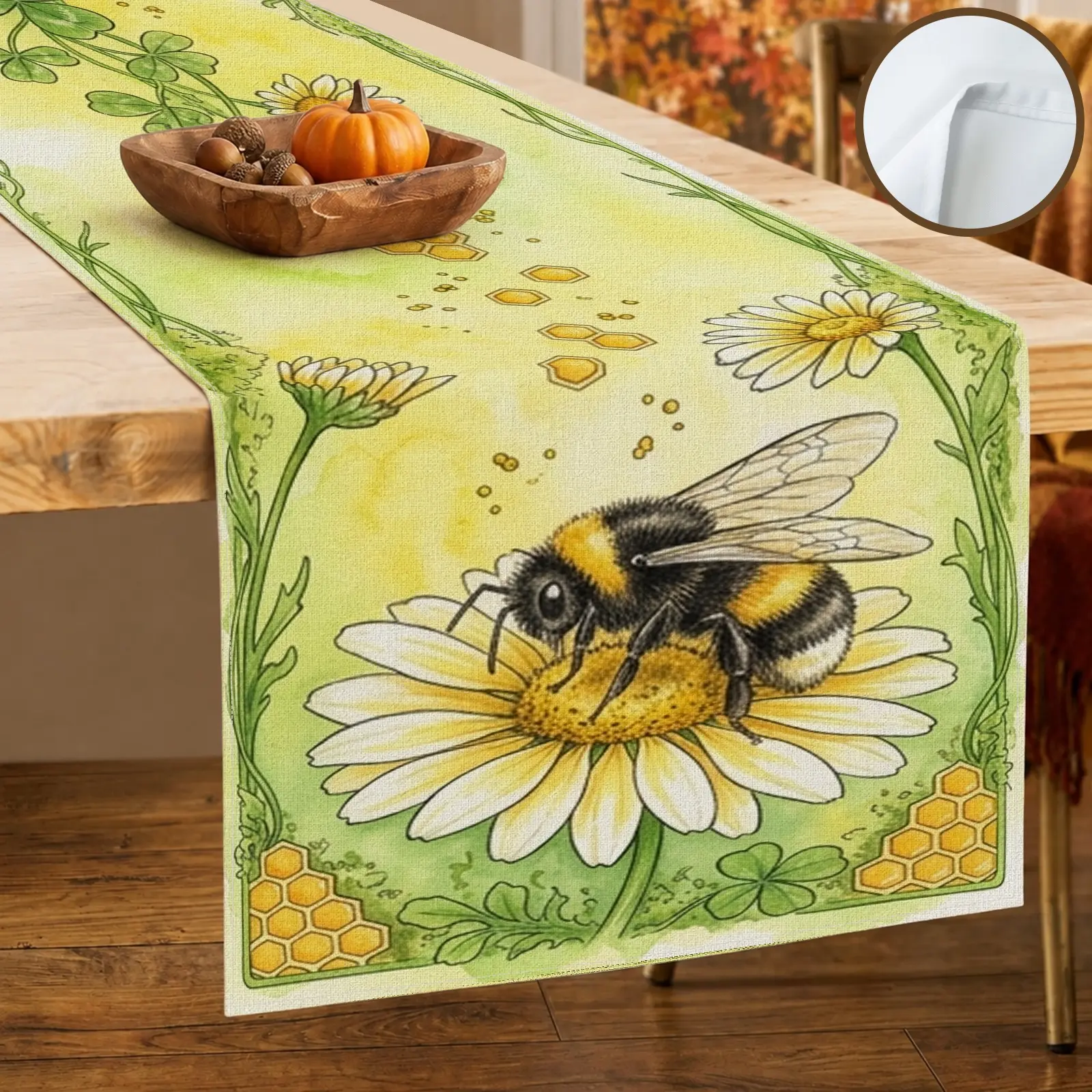1pc Bee Daisy Floral Table Runner, Vintage Style, Watercolor Style Print with Honeycomb Details, for Dining Table Kitchen Decor Home Decor Spring Decor