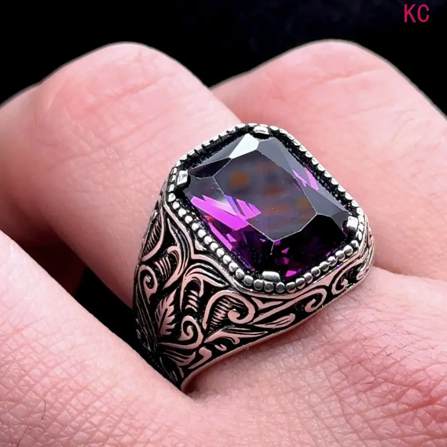 Antique Silver Plated Ring With Carved Pattern Inlaid Purple Stones, Bold Finger Jewelry For Men Daily Styling