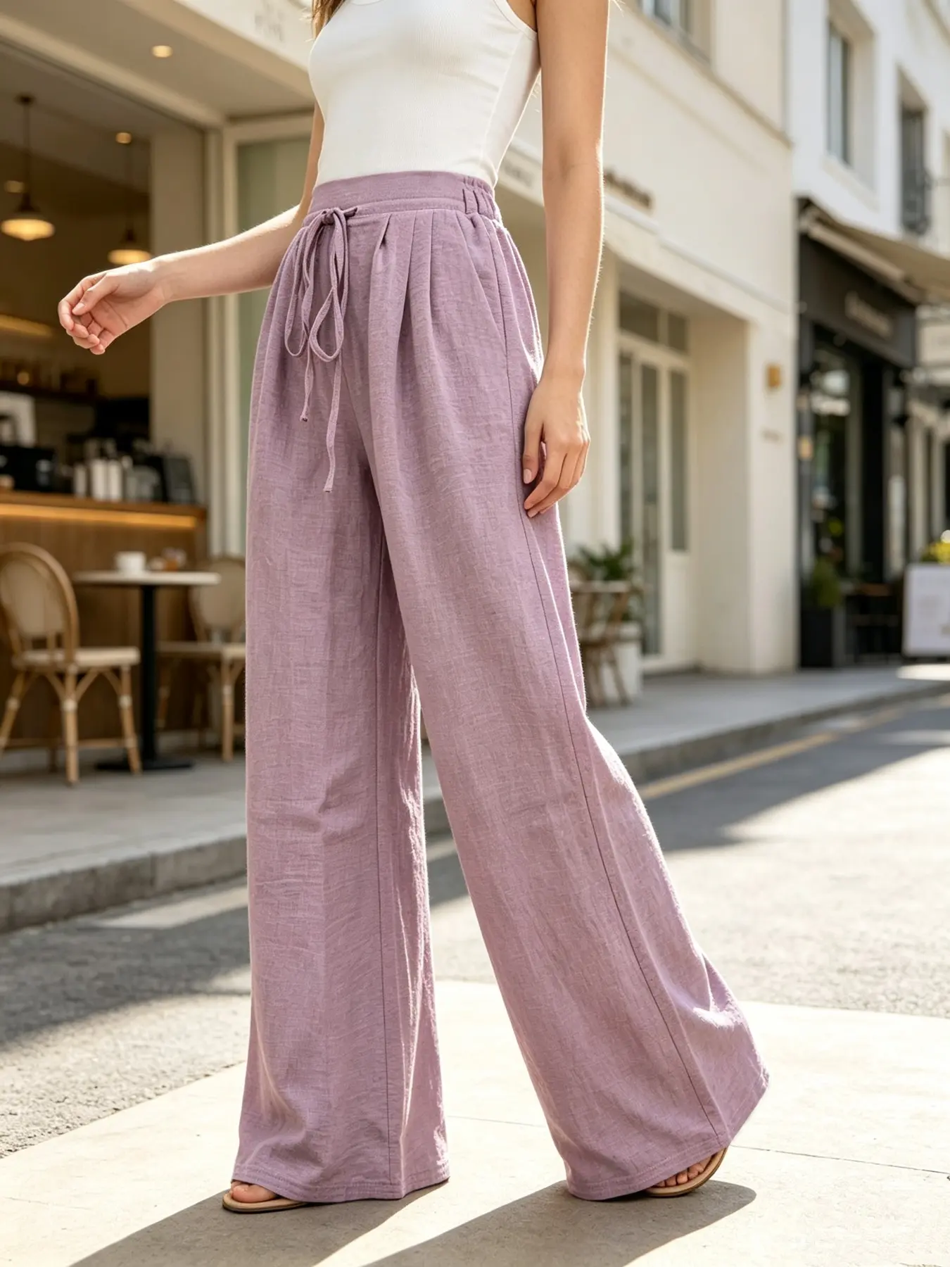 Figure-Flattering Tummy Control Women's 2026 High Waist Pleated Wide Leg Pants Tie Waist Wrinkle-Resistant for Office Work Business Daily Wear