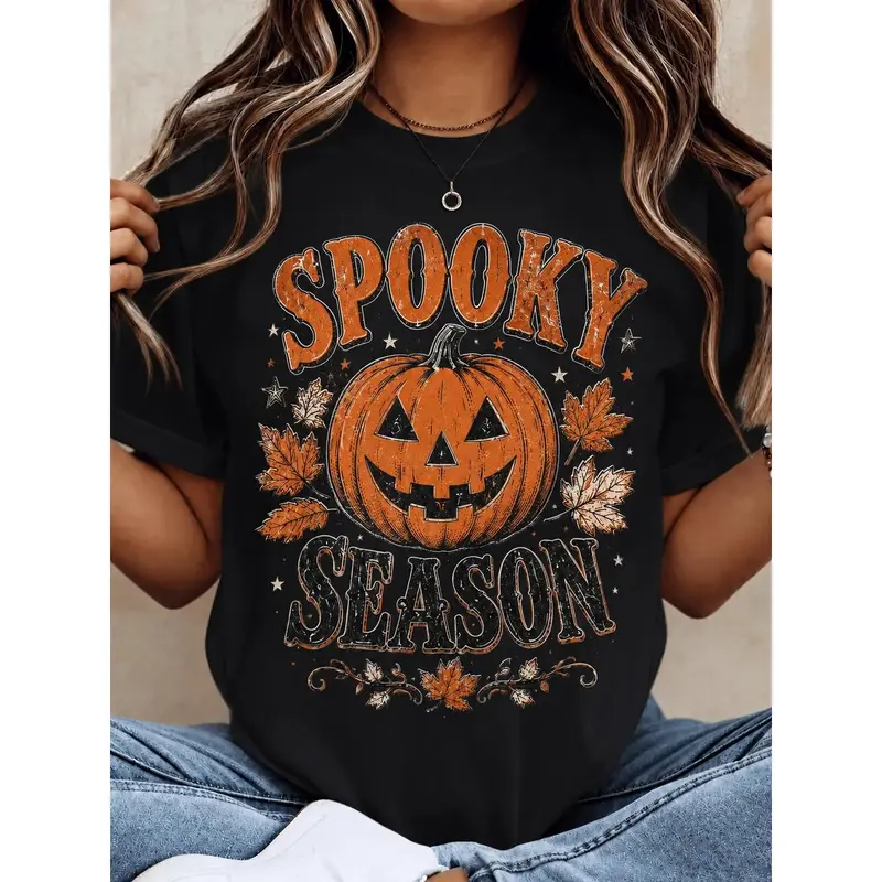 Women's Vintage Comfortable Short-Sleeve Halloween Graphic Tee - Spooky Season Pumpkin Print, Casual Wear Statement Top, Shortsleeve, Round Neck
