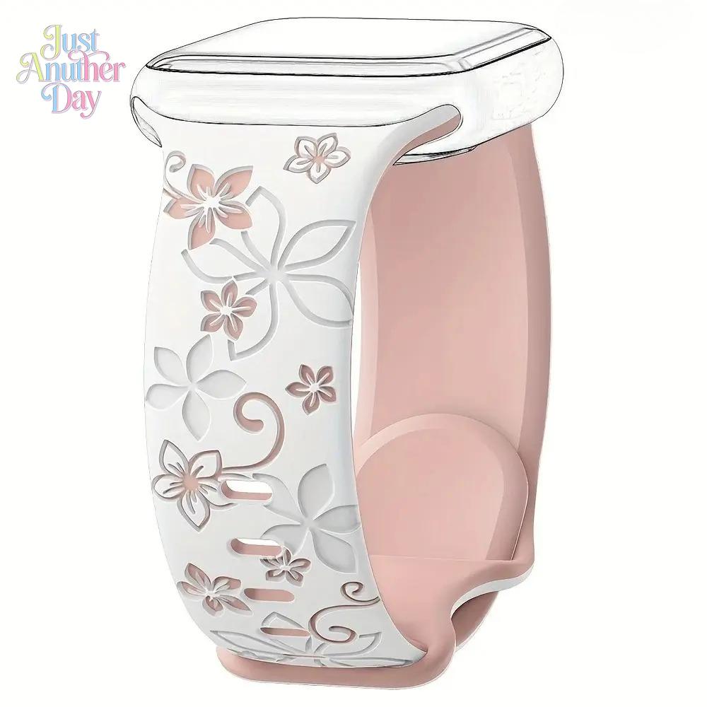 Floral Engraved Silicone Apple Watch Band – Cute Sport Strap (38–49mm, Series & Ultra)