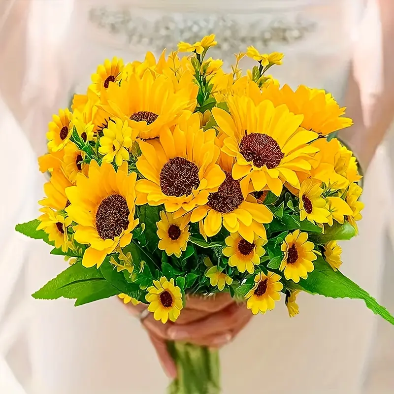 13 Artificial Sunflower Bouquet - Vibrant Yellow-brown Plastic Flowers, Low-maintenance Realistic Floral Arrangement, Perfect for Home, Hotel, Wedding, Party Decorations, Suitable for All Seasons