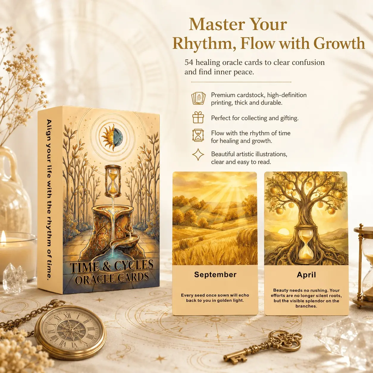 English Oracle Cards 54 Pieces, Time and Cycle Divination Cards, Minimalist European Aesthetic Healing Meditation Spiritual Gift, Tarot Alternative, Growth Insights