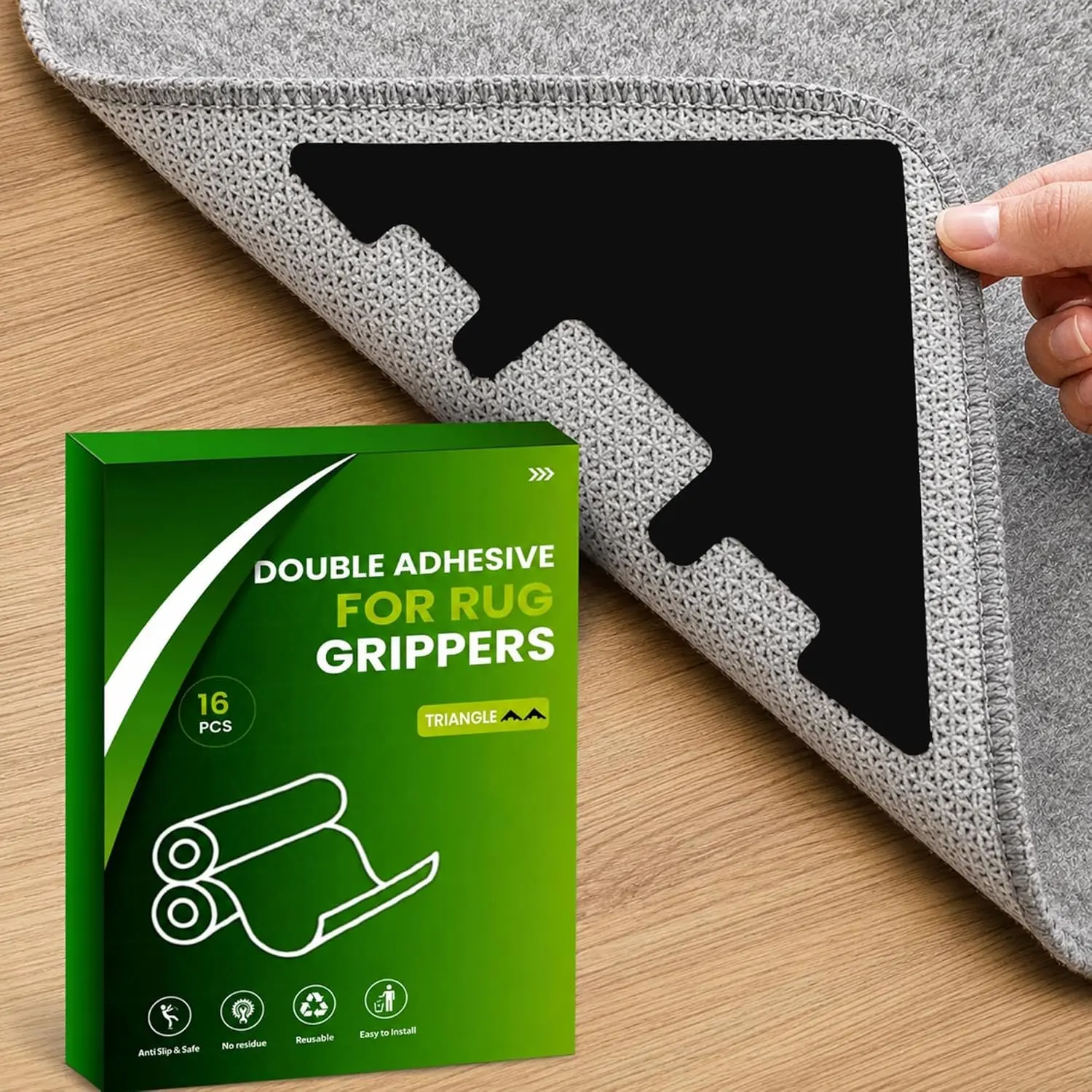 Triangle Rug Gripper Pads, Pack of 16 – Super Adhesive  & Washable Non-Slip Corner Grips for Area Rugs, Mats & Runners, Helps Keep Rugs Flat  Hard Floors