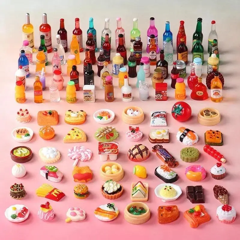 50pcs Random Miniature Dollhouse Supermarket Food Snacks Mini Cake Wine Drink Grocery Collection BJD Doll Accessories Kids Gift