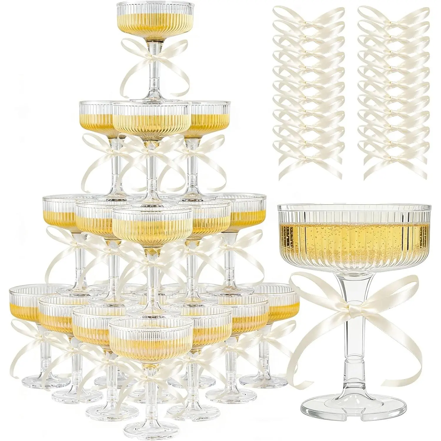 ACRYLIC Champagne Tower Set - 20 Pack 7oz Shatterproof Flutes + 25 Pink Bows & 30 Dots, Stackable Plastic Coupe Glasses for Wedding (White)