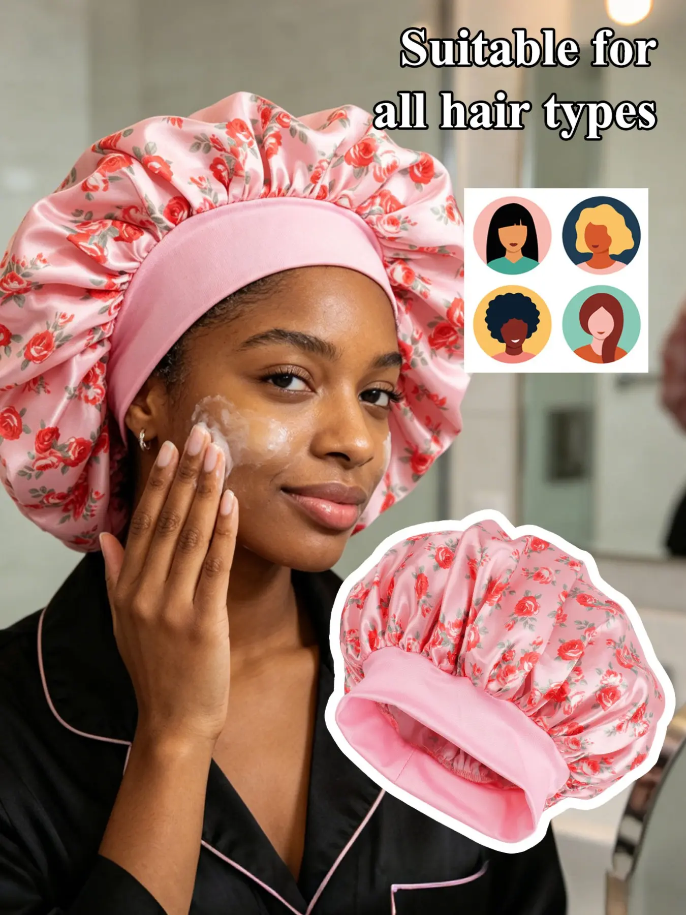 Women's Satin Sleep Cap (wide Brim), Soft Elastic Headband, Ideal for Curly Hair, High-Quality Bathroom Accessory, Comfortable All-Season Sleep Hat, Sleeping Bonnet