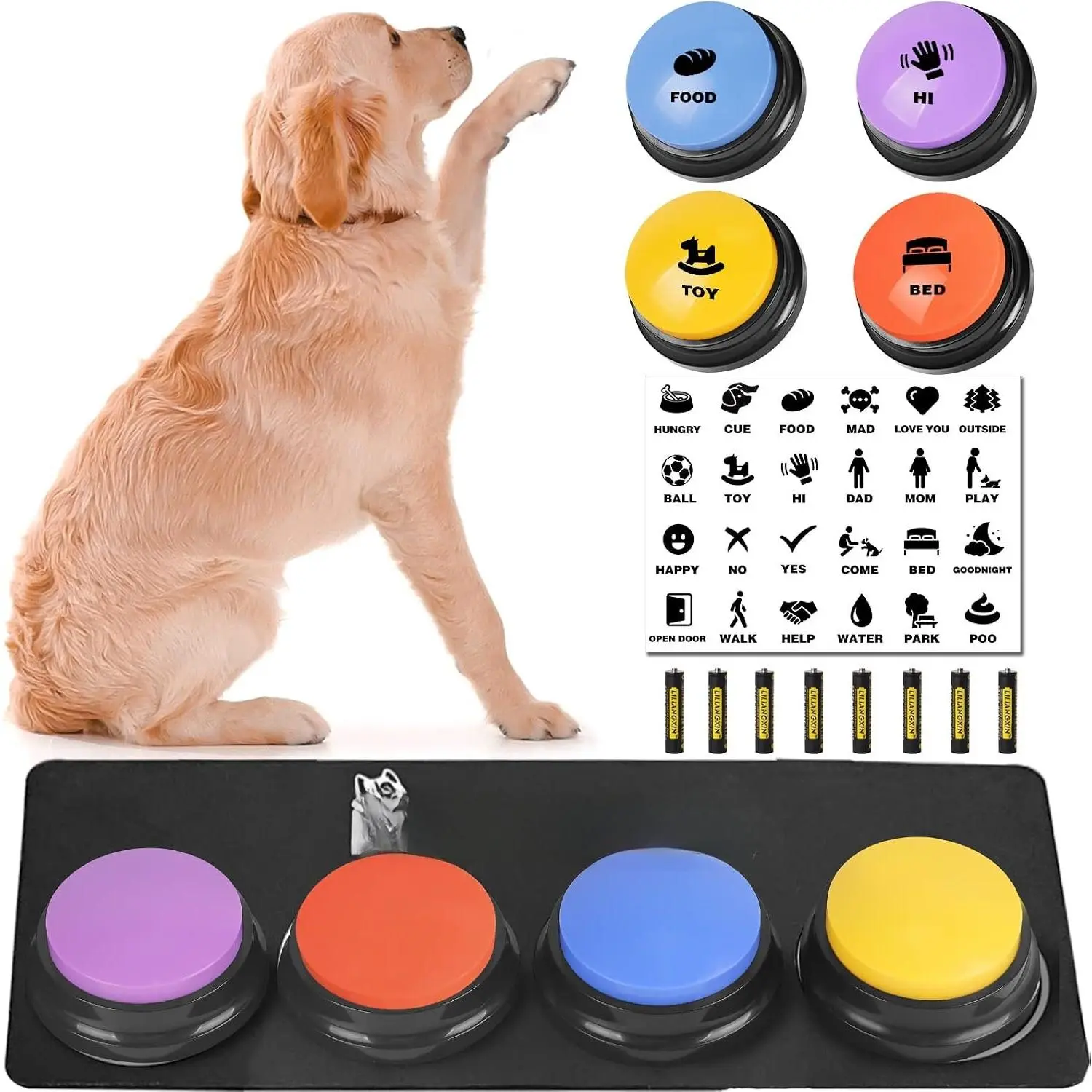 Buttons for Communication,Talking Buttons for Dogs,4 Recordable Sound Buttons + 24 Scene Patterns + 1  Button Mat+ 8 AAA