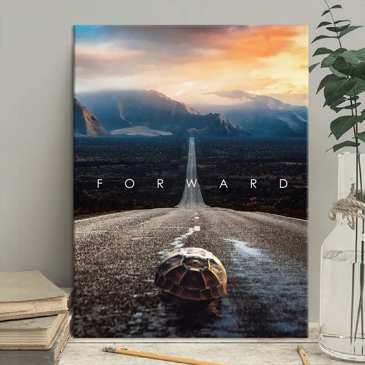 1 count wooden frame canvas, road turtle far mountain cure inspirational scenery poster, fashion art, modern home decoration, suitable for corridor, office, bedroom living room hanging, HD, tastless, waterproof