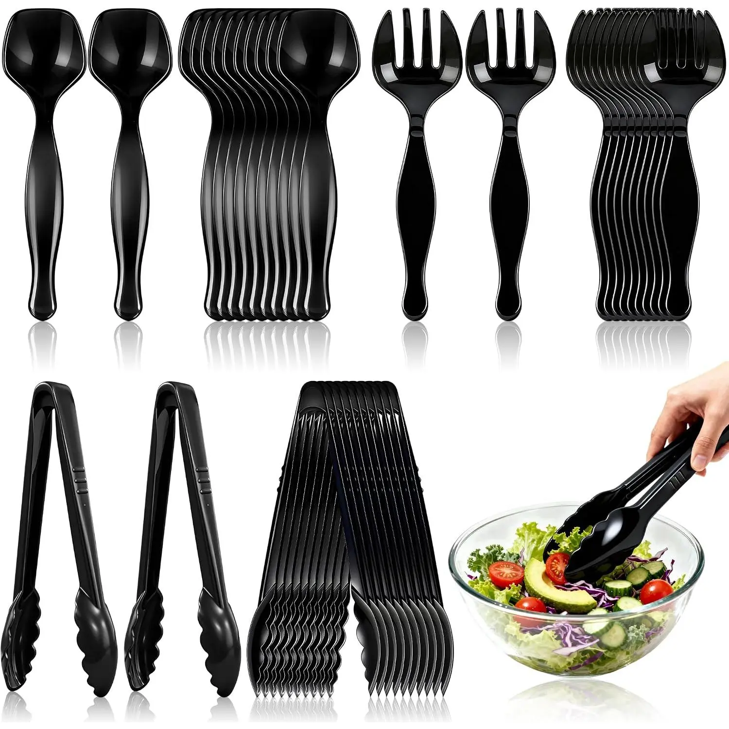 36Pcs Disposable Plastic Serving Utensils Set, 12 Black Spoons, 12 Forks, 12 Tongs, 9-Inch for Party Buffet Catering Events, Heavy Duty and Ergonomic Design