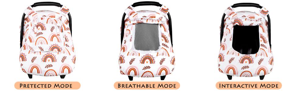 Baby Car Seat Cover Girls, Infant Rainbow Car Seat Covers Canopy for Newborn,2 Layers Windows of Breathable Mesh/Fabric, Lightweight Polyester/Minky Dot Backing, Snug Fit Most Baby Car Seat