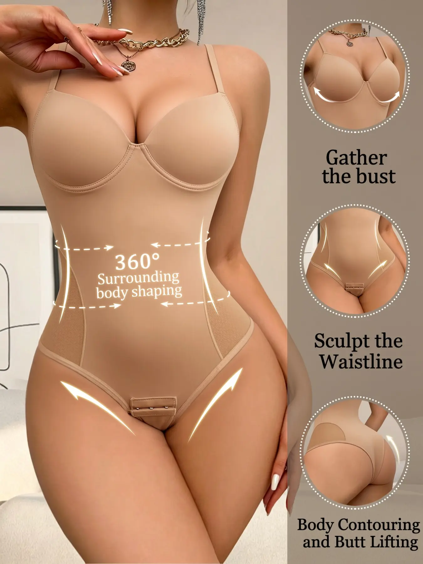 Women's Shapewear Bodysuit, Underwear, Elegant, Push-Up Bra Support, 360° Waist Cinch, High Stretch Seamless Fabric, Adjustable Straps, Convenient Buckle Closure