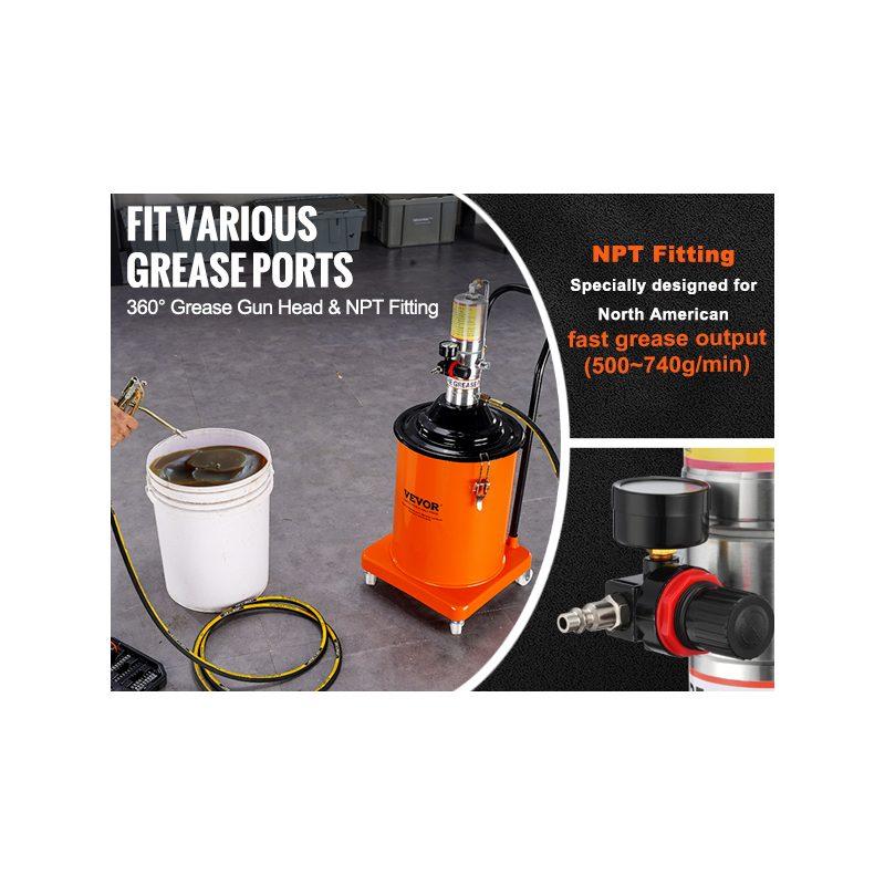VEVOR Grease Pump, 5 Gallon 20L, Air Operated Grease Pump with 13 ft High Pressure Hose and Grease Gun, Pneumatic Grease Bucket Pump with Wheels, Portable Lubrication Grease Pump 50: 1 Pressure Ratio