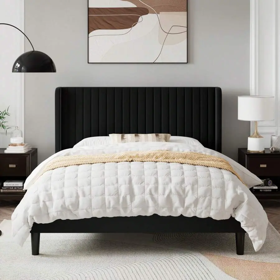 Full/Queen/King Size Velvet Bed Frame/Vertical Channel Tufted Wingback Headboard/Upholstered Platform Bed/Strong Wooden Slats/No Box Spring Needed/Easy Assembly/Black