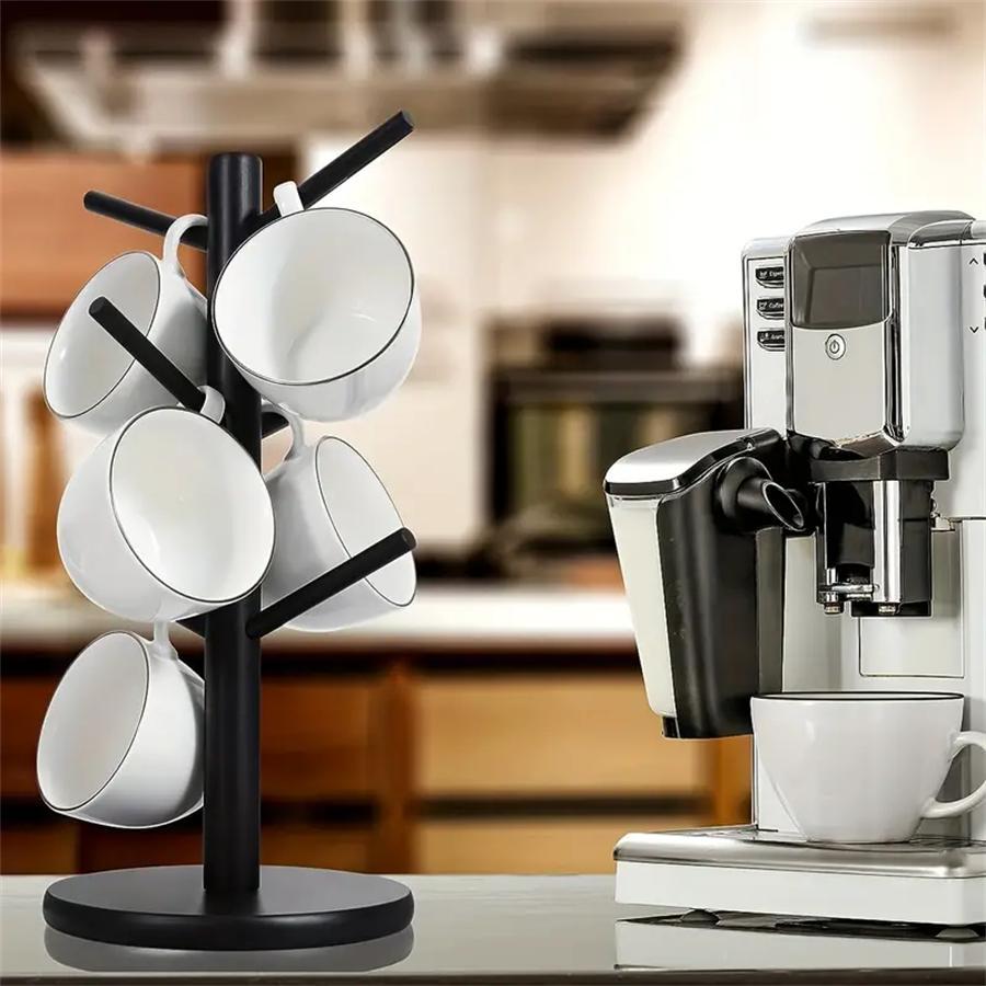 Mug Tree, 1 Count Coffee Cup Holder with 6 Hooks, Wood Coffee Mug Holder for Counter, Coffee Organizer Station Essentials, Coffee Bar Storage, Bamboo Wood Stand