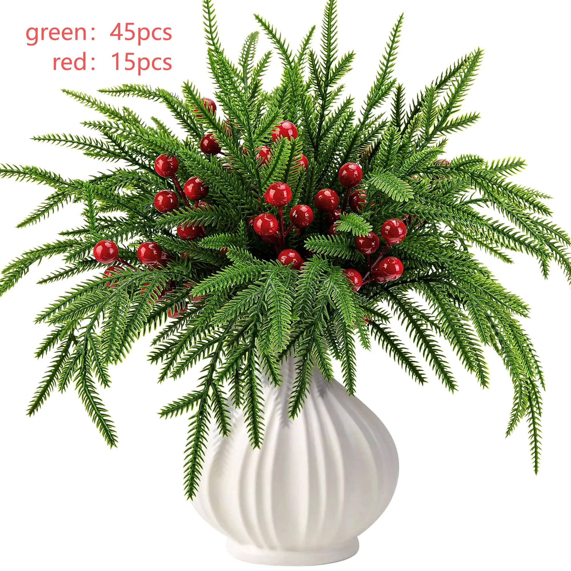 45 Pcs Christmas Norfolk Pine Branches with Red Berry Stems,  Artificial Greenery Norfolk Pine Stems Sprigs, Fake Foliage Pine Needles Picks for DIY Craft Garland Home Decoration