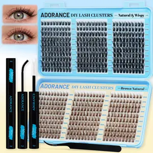 ADORANCE 600pcs 2 Color Lash Clusters Kit DIY Eyelash Extensions Black VM01 + Brown VM01 Natural Wispy Fluffy Cluster Lashes Lightweight Soft Band Lash Set for Beginners Salon Look at Home Includes Lash Applicator Bond & Seal Reusable DIY Lash Kit