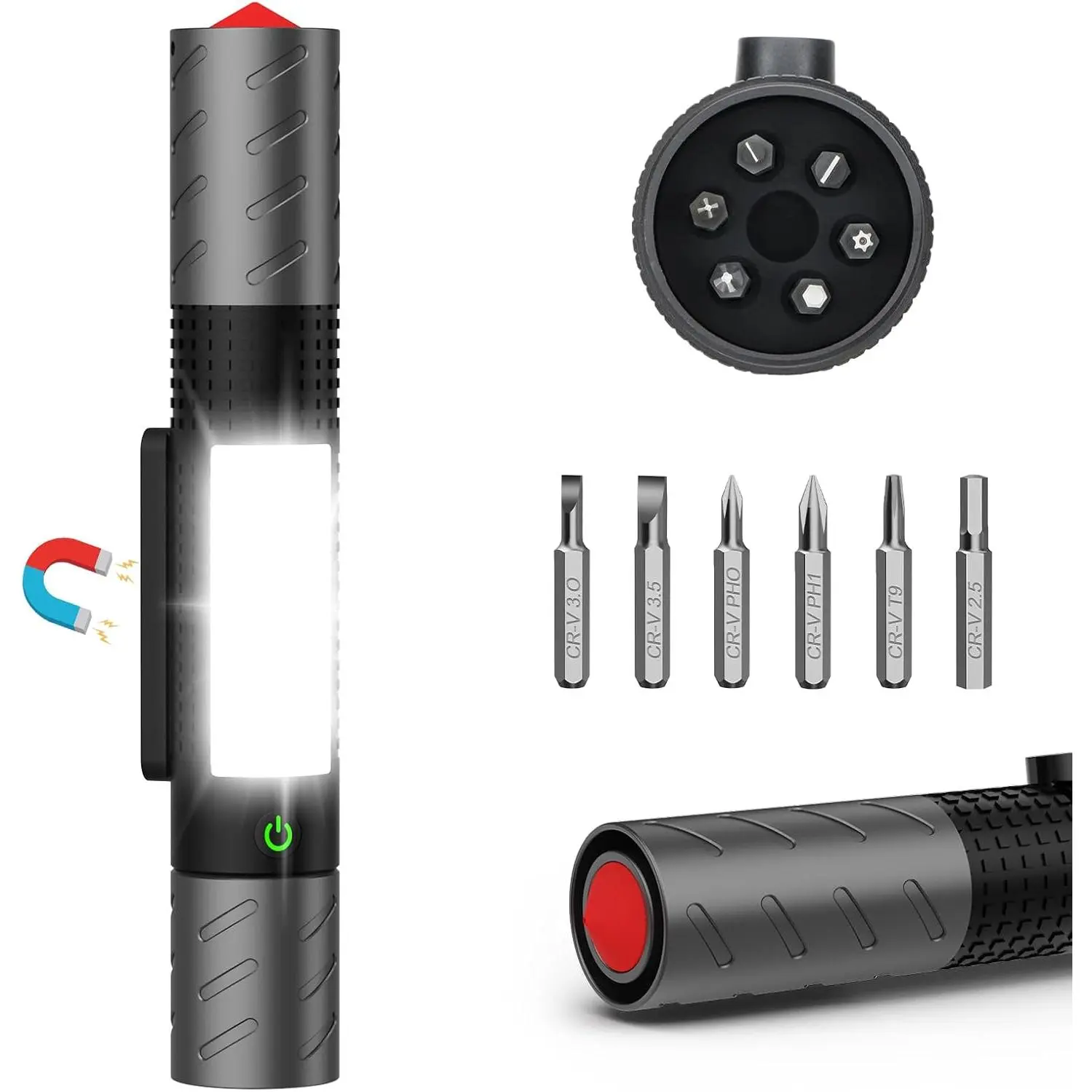 Bright LED Flashlight Rechargeable for Car, Camping & Emergency Use | Magnetic base, 120° adjustable COB work light, 7 modes, screwdriver & window breaker for hands-free repairs and emergencies.