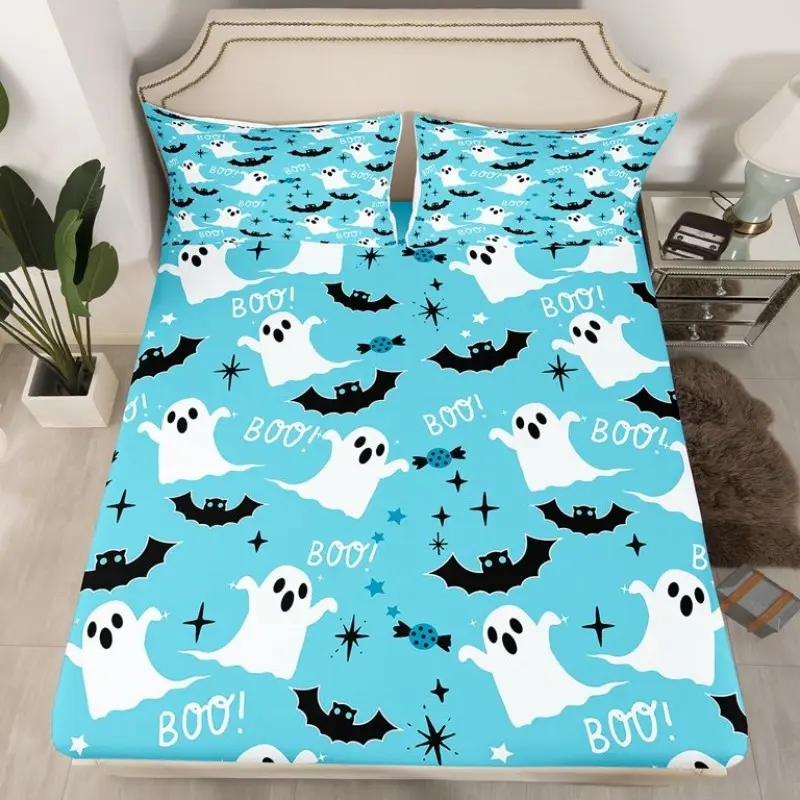 Cute Ghost Bed Sheet Set, Halloween Cartoon Bat Spider, Non-Slip Deep Pocket Mattress Protector, Twin Pillowcases, 25cm Depth