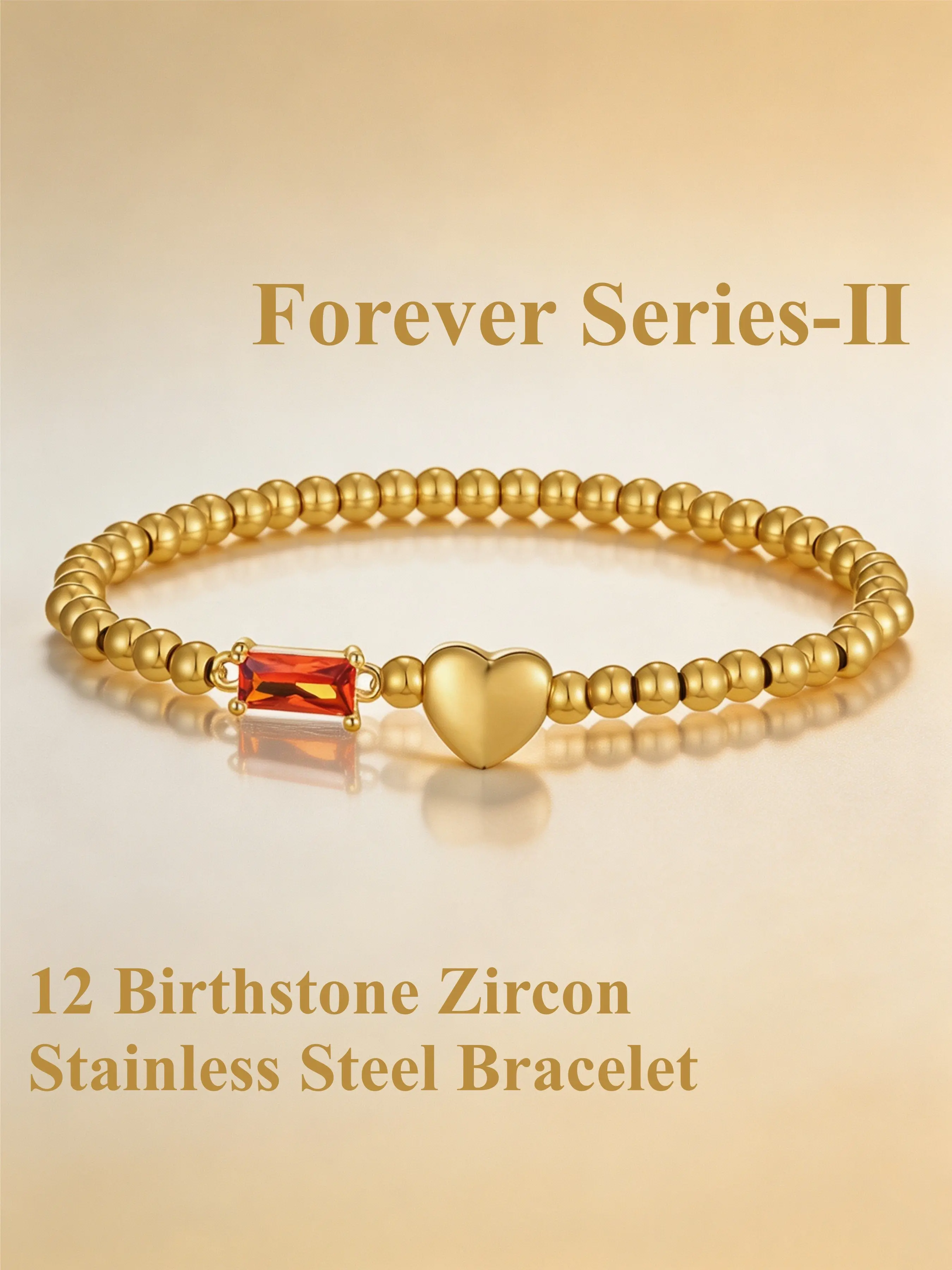 Forever Series - Ⅱ Stainless Steel Heart Bracelet with Birth Month Zircons Fashion Beaded Bracelet Accessory Exquisite Couple Jewelry Elegant Gold Elastic Stainless Steel Wrist String Unique Anniversary Gift for Couples for All 1–12 Birth Months