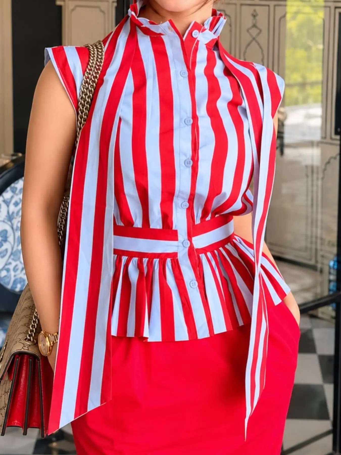 Women's Spring & Fall Fashion Casual Comfy Classy Striped Bow Tie Sleeveless Blouses Top, Casual Fitted Button Detail, Unlined Butterfly Knot Design