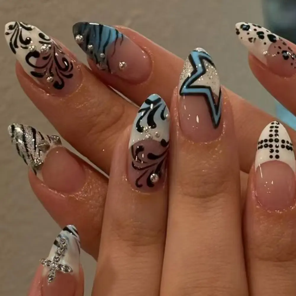 24pcs Medium-Length Almond Nails, Blue Graffiti Stars, Reusable, No File Needed, Y2K Style, Includes Jelly Glue & Tools