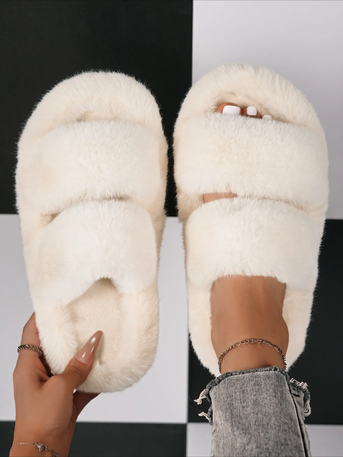 Two-strap fluffy platform slippers soft warm indoor outdoor multi-color trendy fuzzy slides for women