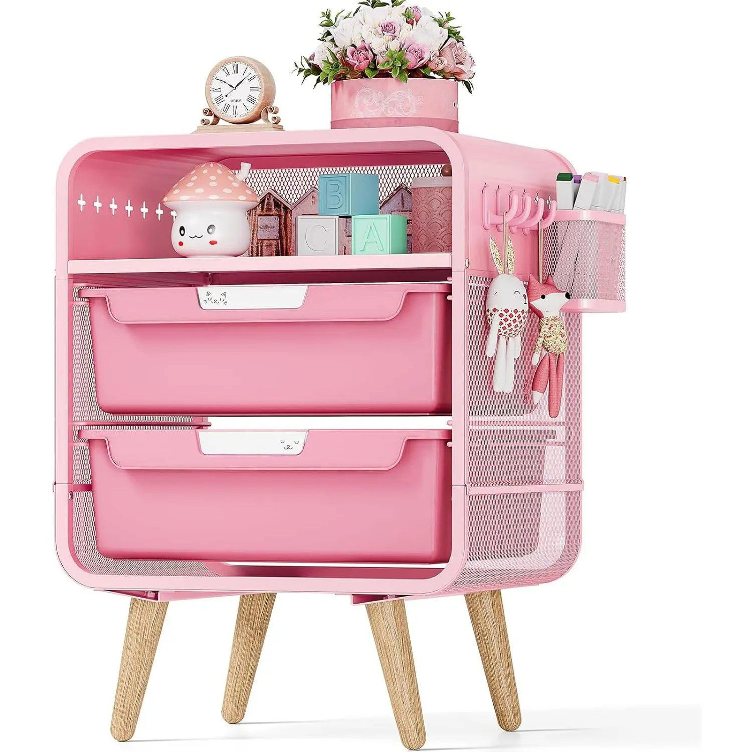 Pink Nightstand, Cute End Table with Storage Drawer, Kids Nightstand for Bedroom Furniture, Bedside Table Small Desk Coffee Table for Living Room, Dorm, Office