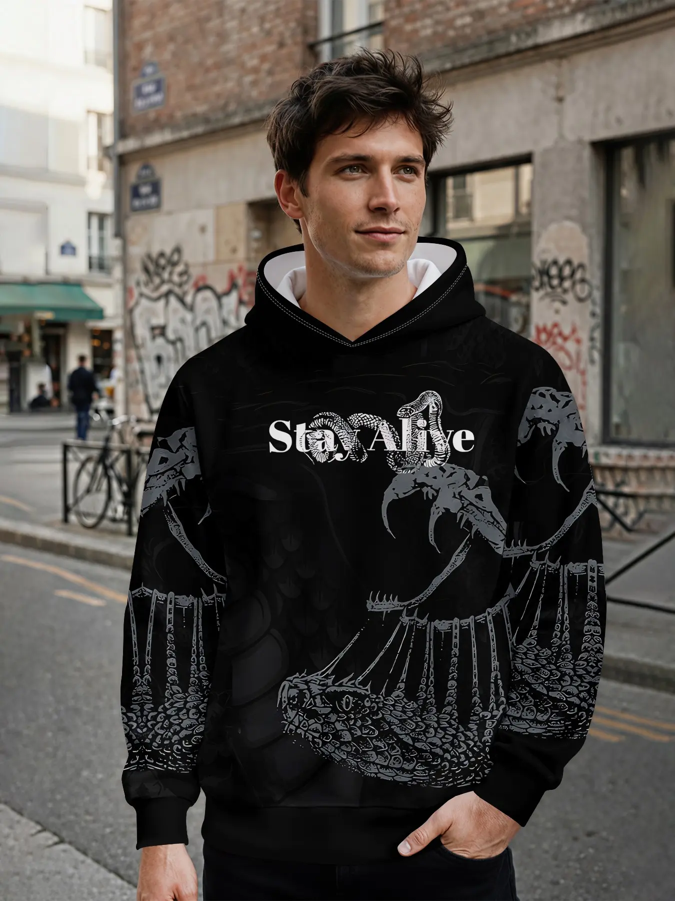 Dark Snake Stay Alive 3D Digital Print Men's Hoodie, All over Print, Casual Fitted Sweatshirt, Perfect for Streetwear and Music Festivals