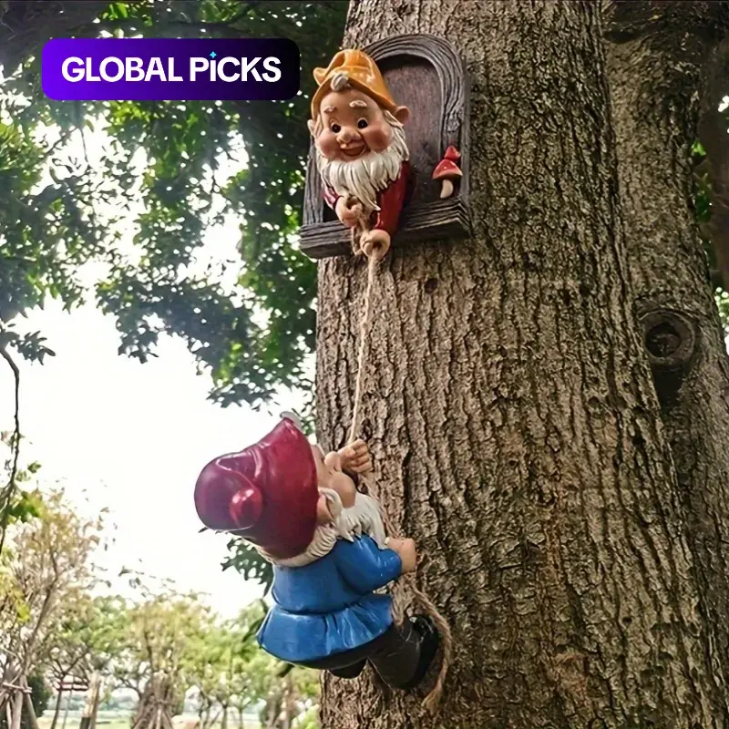 [2-piece Set] Tree Dwarf Climbing Figurine, Outdoor Sculpture, Garden Sculptures, Courtyard Garden/Terrace Wall Decoration, Mother's Day/Christmas Gift, Garden Dwarf Wall Hanging + Outdoor Decorative Accessory