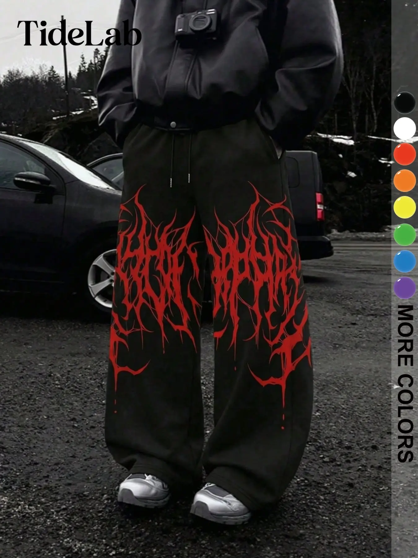 Unisex Streetwear Metal Font Print Wide Leg Pants, Loose-Fit Casual Trousers with Drawstring Waist, High-Waisted Subculture Fashion