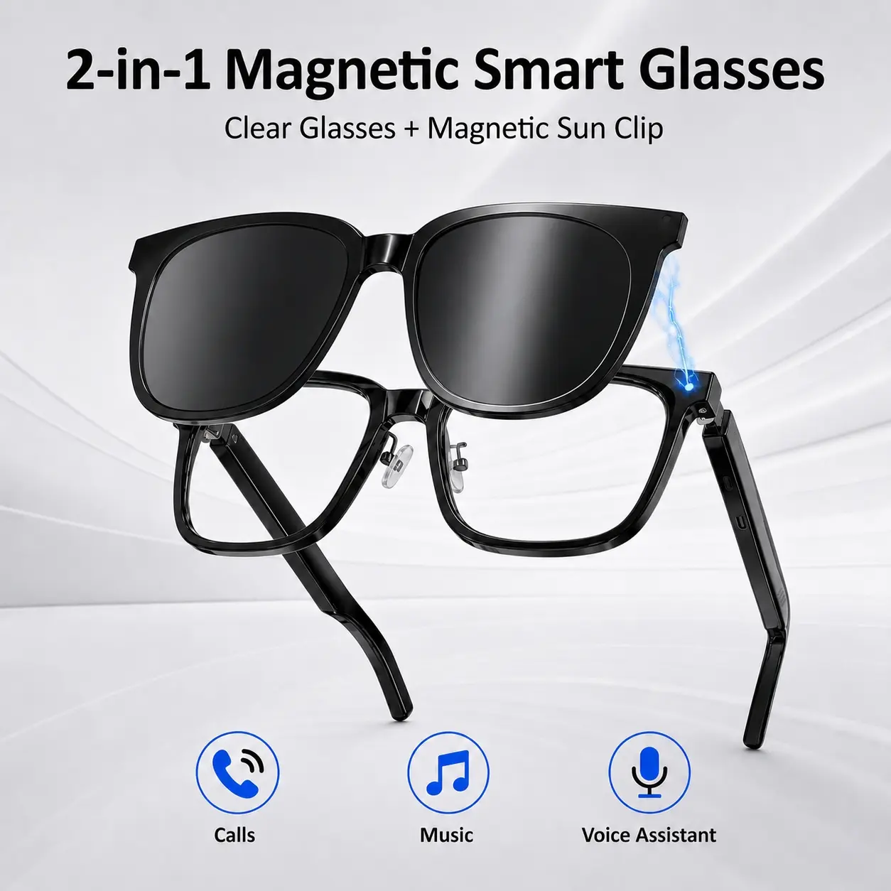 2-in-1 Magnetic Smart Glasses for Men Women, Bluetooth Audio Glasses with Clear Lenses, Magnetic Sunglasses Clip, Calls, Music and Touch Control,Voice Assistant