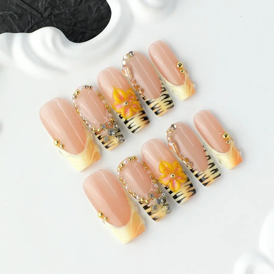 10pcs Handmade Press On Nails, Acrylic Press On Nails, Square Nude Nails with Tiger Stripe French Tips, 3D Orange Flower & Rhinestone Junk Charms, Nail Stickers, Removable Reusable, Tool Kit Included, Party Daily Wear Gift for Women