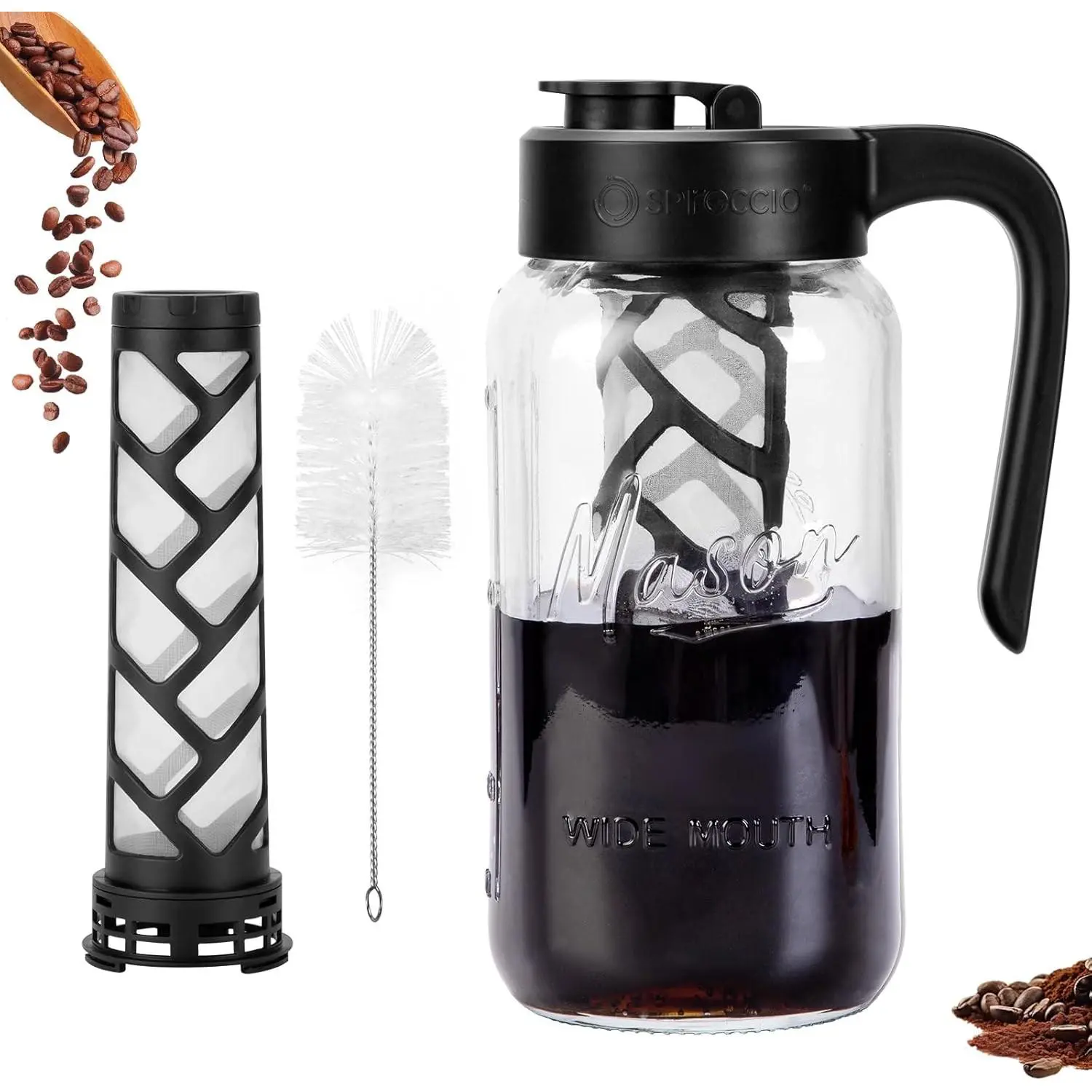 Glass Cold Brew Coffee Maker Airtight Leakproof 64oz Mason Jar Pitcher with Filter & Lid for Iced Coffee Lemonade Ice Tea