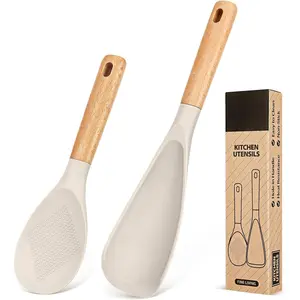 Cooking Spoon and Rice Scooper  Nonstick Cookwares, Great  Cooking and Serving Sturdy BPA-Free Matte Silicone, Wood Handle Spoon  Mixing, Scoop, and Scrape (KHAKI) New model