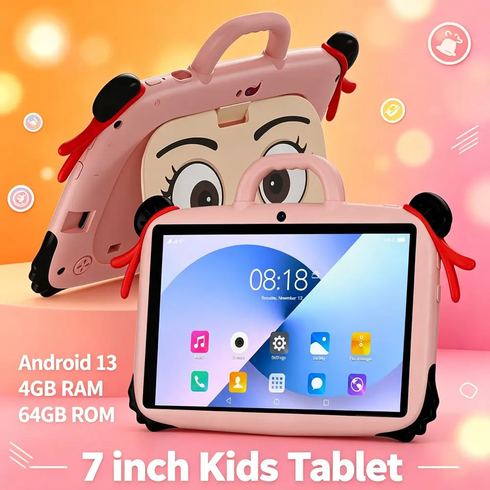 Android 7-inch children's tablet, Toddler tablet with 4GB RAM, 64GB ROM, Android 13 system supports WIFI, Bluetooth, dual cameras (parent-controlled), pre-installed educational software, portable with shell support