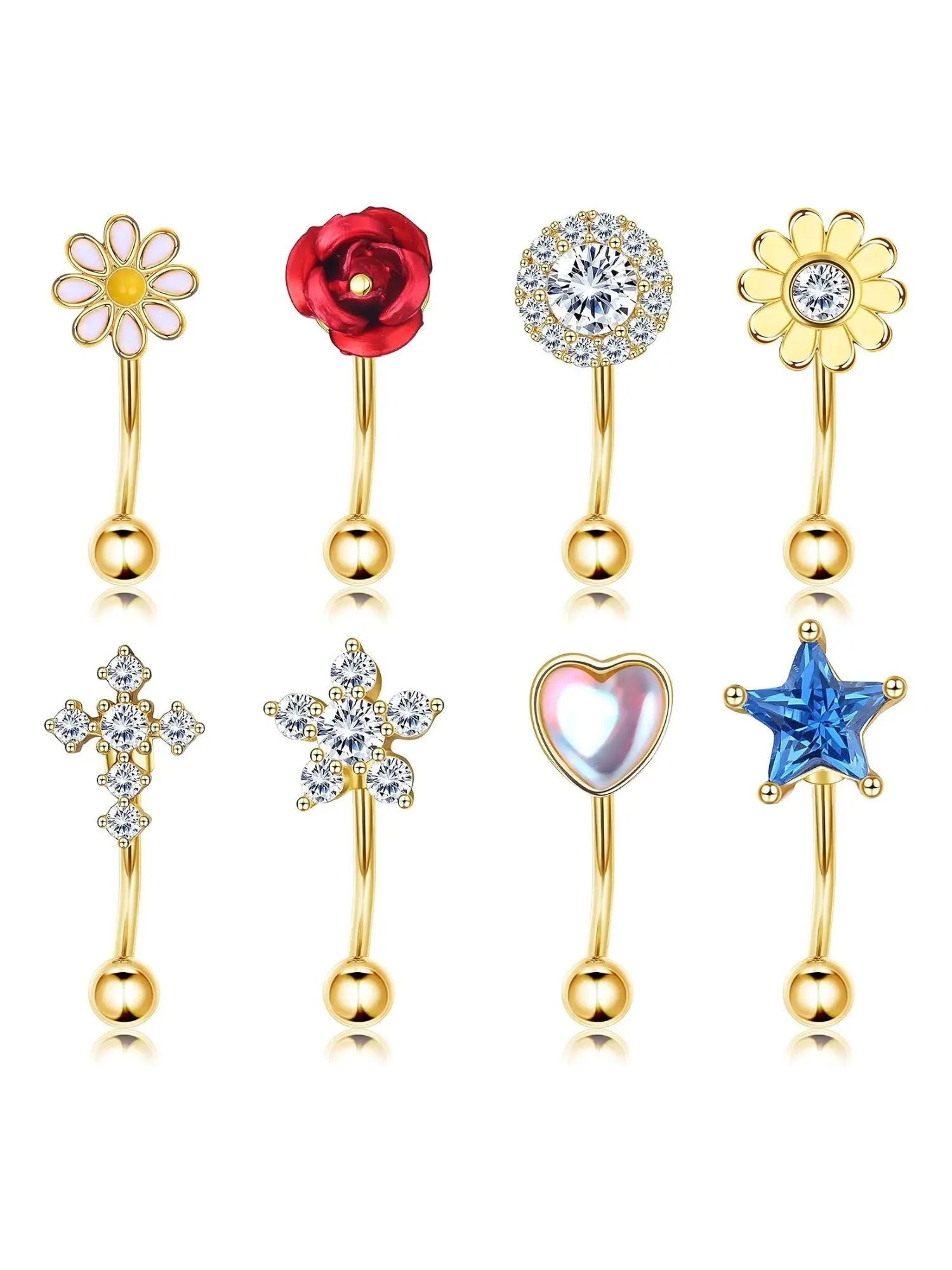 8 Pcs Diverse Styles Daisy Flower Rose Round Halo CZ Sunflower Cross Snowflake Opal Heart Star Cute Belly Button Rings Set Stainless Steel Waterproof Navel Piercing Bar Fresh Belly Piercings for Women Exquisite Sweet Fashionable Jewelry Ideal for Summer