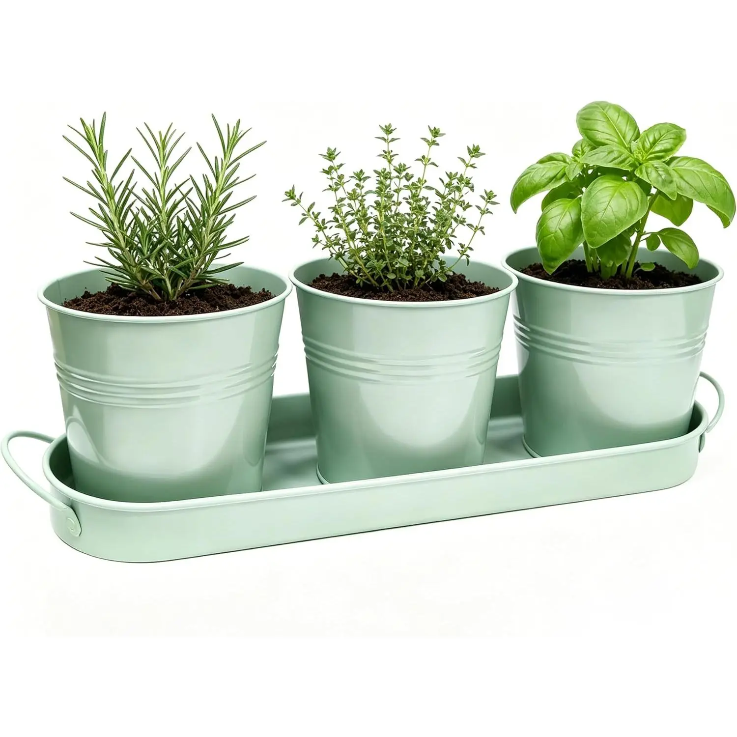 Indoor  Garden Planter Set - 3 Pack 4.7" Green Metal  Pots with Drainage Holes & Removable Tray - Windowsill Kitchen Counter Balcony Office Garden