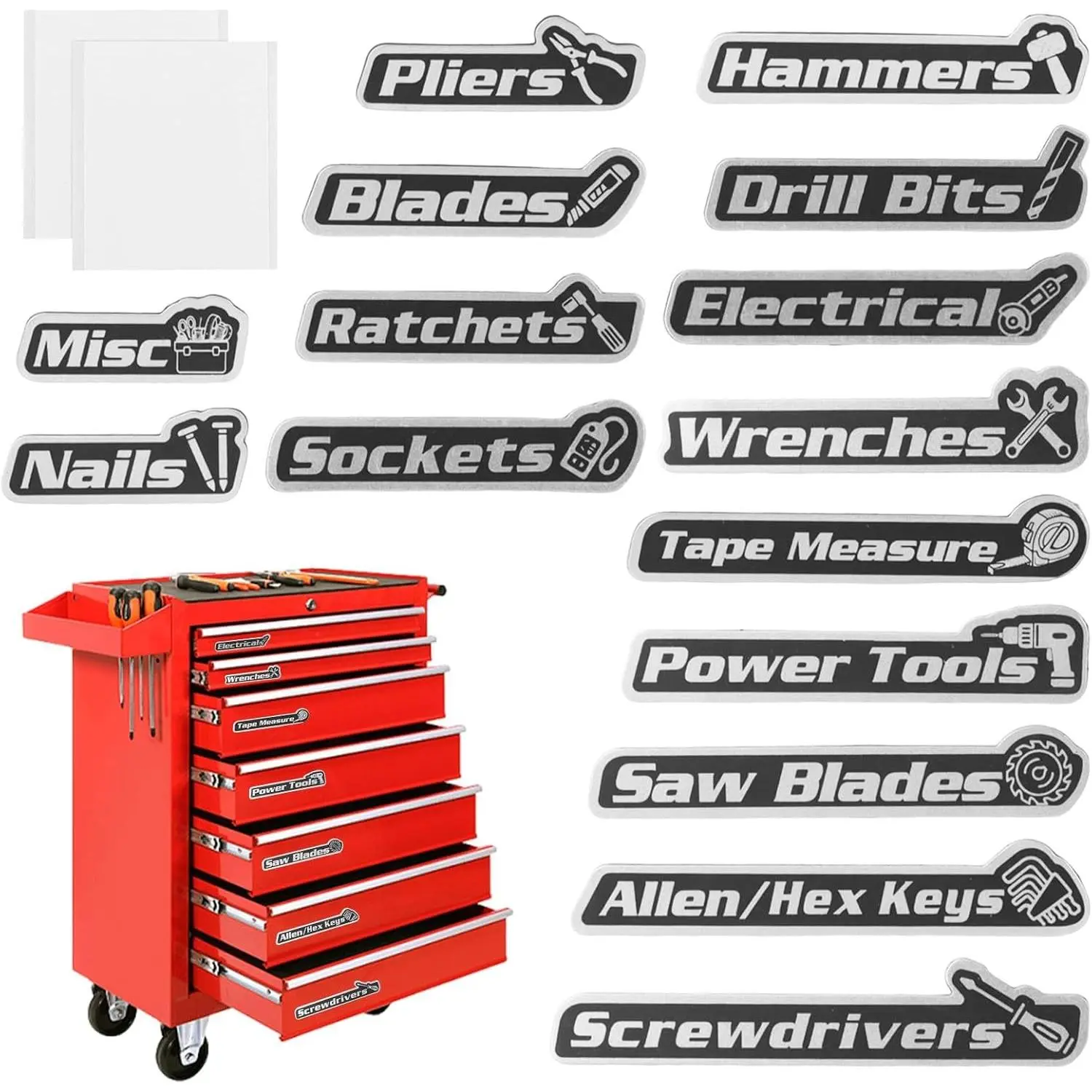 Toolbox Labels, 15 count General Tool Box Organize Accessories, -Printed Organization Labels,  Tags with Double Sided Tapes for Steel Toolboxes, Carts, Drawers and Cabinets