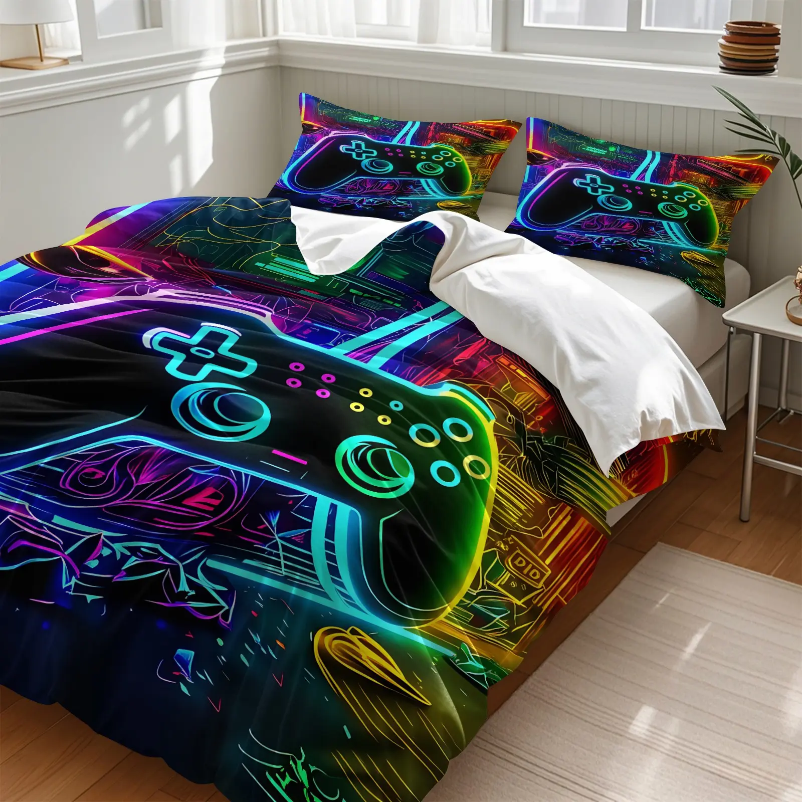 3PCS Rainbow Neon Gamepad Duvet Cover Set (1 Duvet Cover + 1-2 Coreless Pillowcases), Cyberpunk Neon Street Gaming Pattern, Skin-Friendly Soft Comfy All Seasons Bedding Set, Ideal for Teen Gamer Boys Bedroom Decor Bed Covers