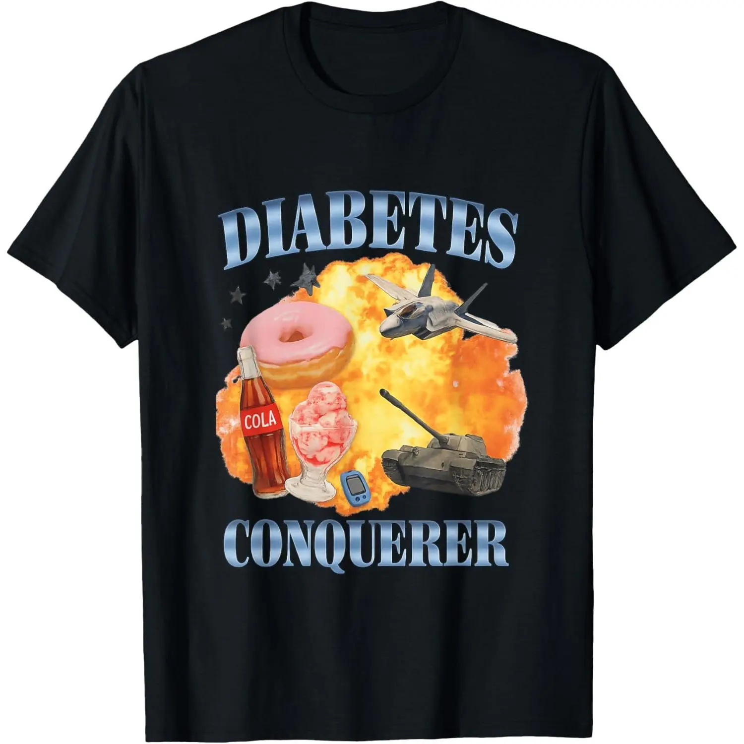 Men's Classic Round Neck Short-Sleeve T-Shirt - Menswear, Relaxed Fit, 'Diabetes Conqueror' Funny Meme Satire Graphic, Comfortable Fabric