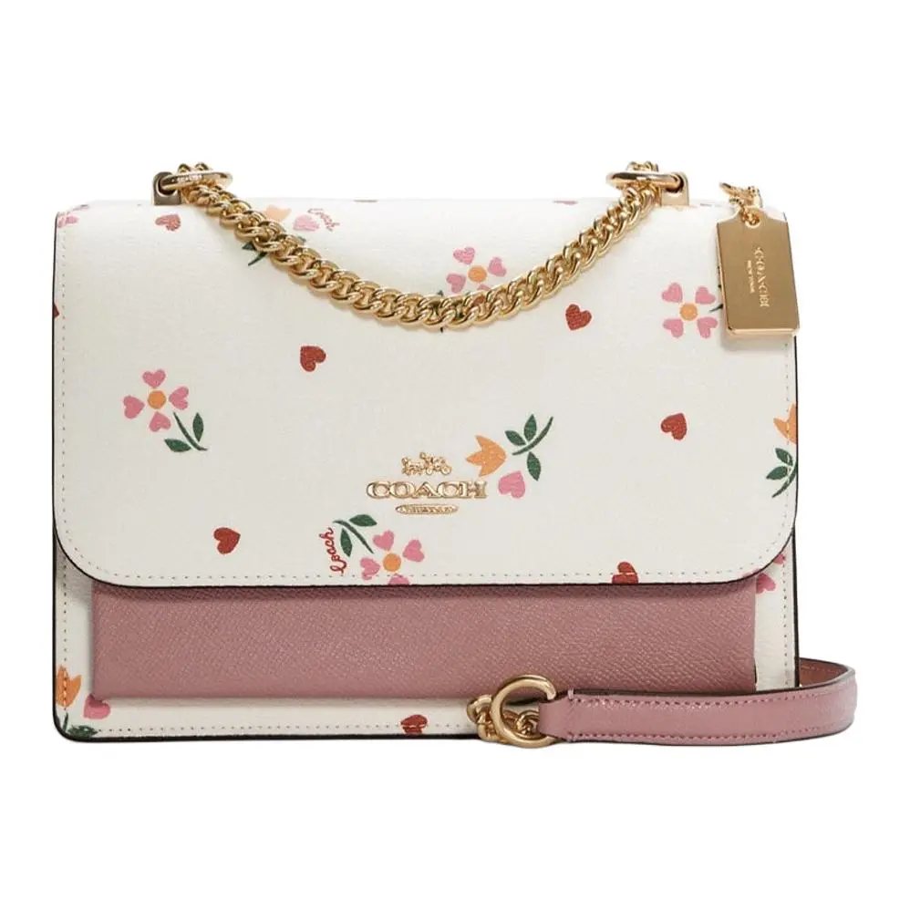 COACH Klare 22 Heart Floral Print Flap Chain Bag – Coated Canvas and Leather Accordion Style Handbag for Women, Pink and White