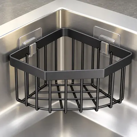 【Black Friday】Adhesive-Mounted Corner Sink Caddy, Open-Drain Storage Rack for Sponges, Brushes, Dish Soap and Kitchen Cleaning Supplies