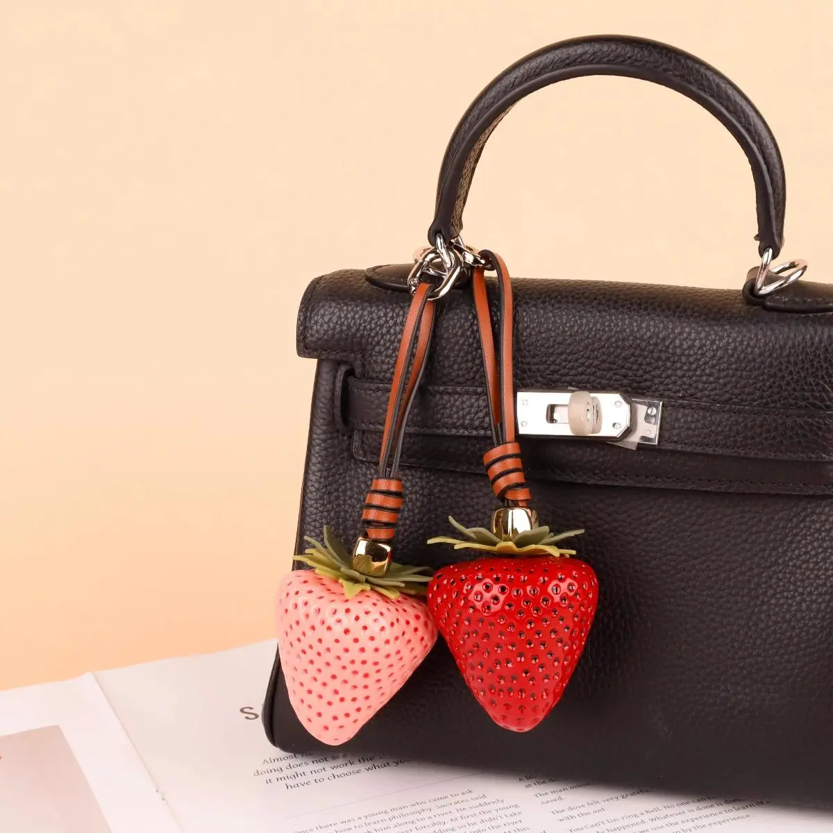 Cute Strawberry Bag Charm, Pink & Red Fruit Pendant Accessory for Purses & Handbags