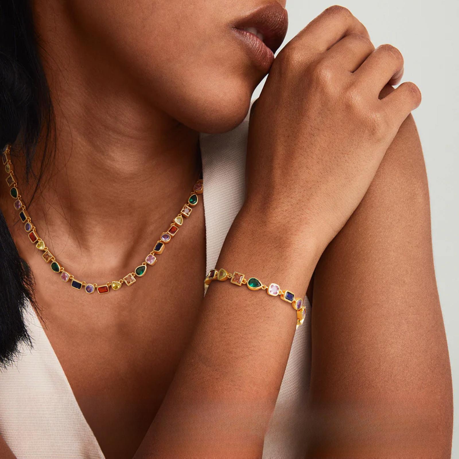 14K Gold Plated Rainbow Tennis Necklace - Unisex Colorful CZ & Emerald Gemstone Chain - 15+3.5" Adjustable Choker - Perfect Birthday Gift for Him & Her 14K Gold Plated Rainbow Tennis Necklace - Unisex Colorful CZ & Emerald Gemstone Chain - 15+3.5" Adjustable Choker - Perfect Birthday Gift for Him & Her