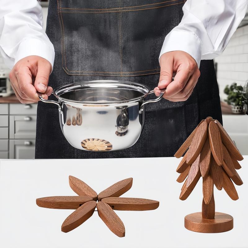 Natural Tree Trivet Set - 4 Wooden Trivets & 1 Stand - Heat-Resistant Foldable Design - Durable Solid Wood - Ideal for Hot Dishes Pots Bowls Teapots - Kitchenware Tableware Coasters-BY