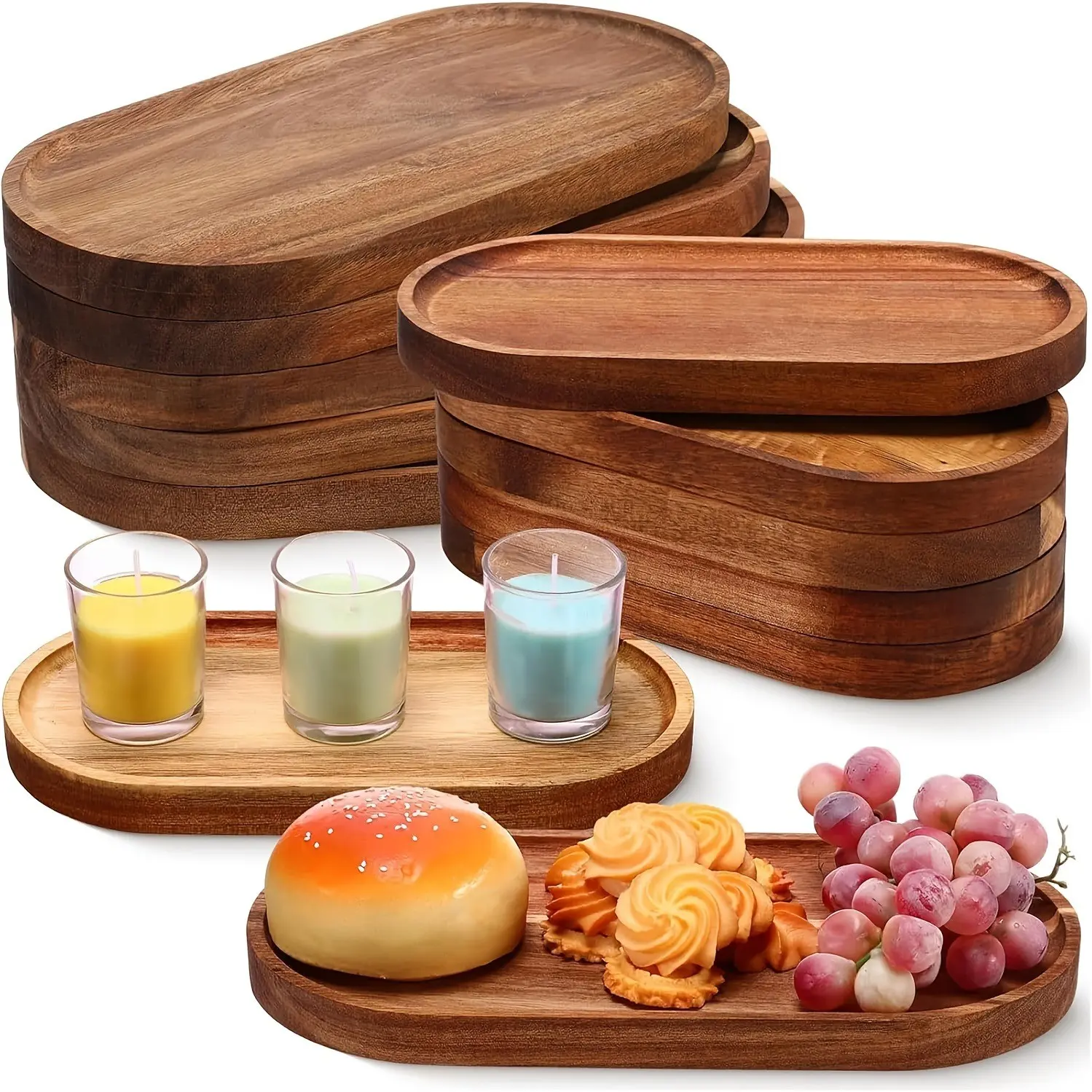 12-Piece Acacia Wood Dinner Plate Set, Non-Bone China Material, Ideal for Candle Holders & Fruit Storage, Decorative Key Tray