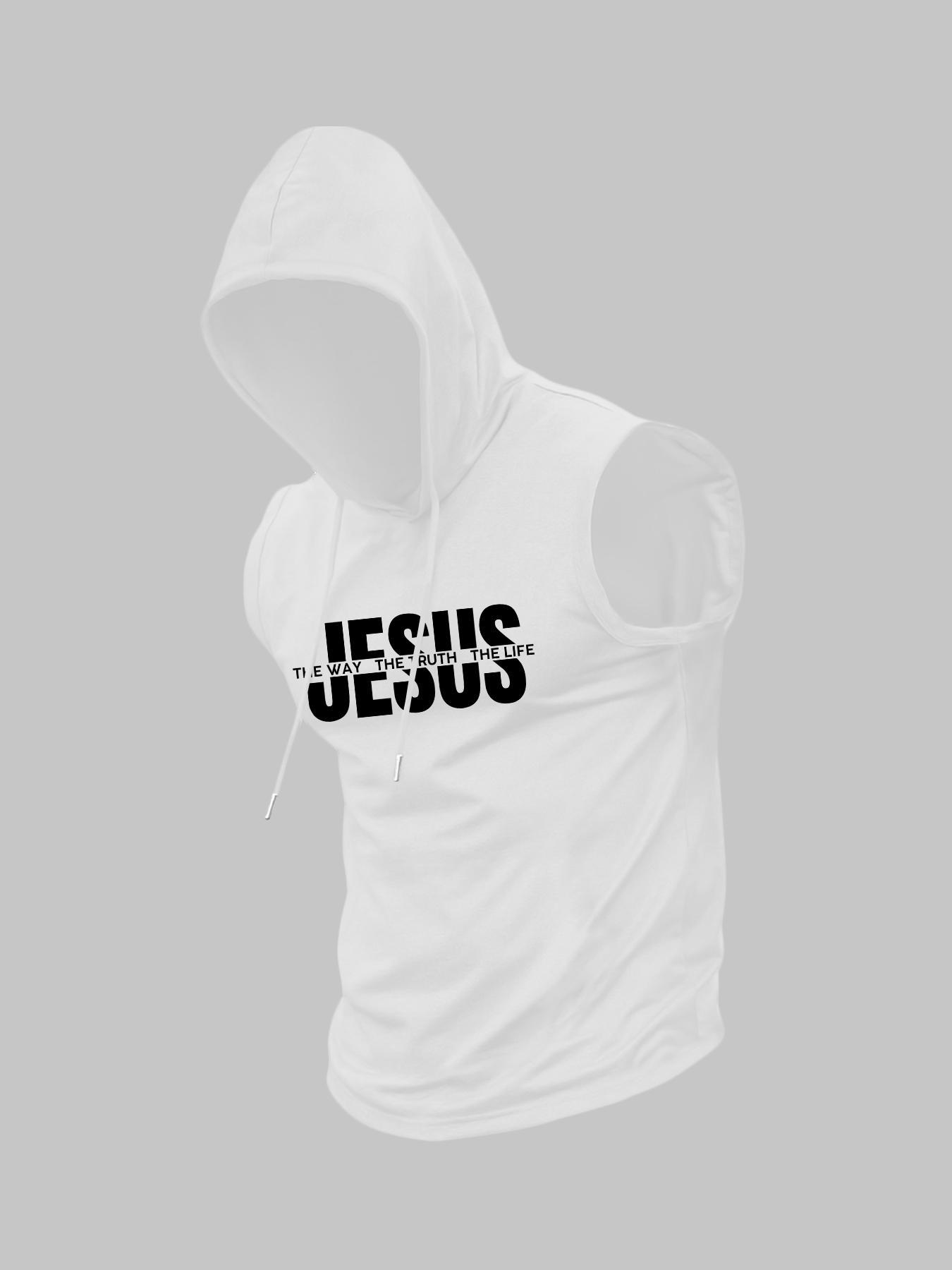 Men's Jesus Print Hooded Tank Top, Regular Fit Casual Sleeveless Hoodie Vest for Summer, Men's Top for Daily Wear, Workout Tank Top, Socks