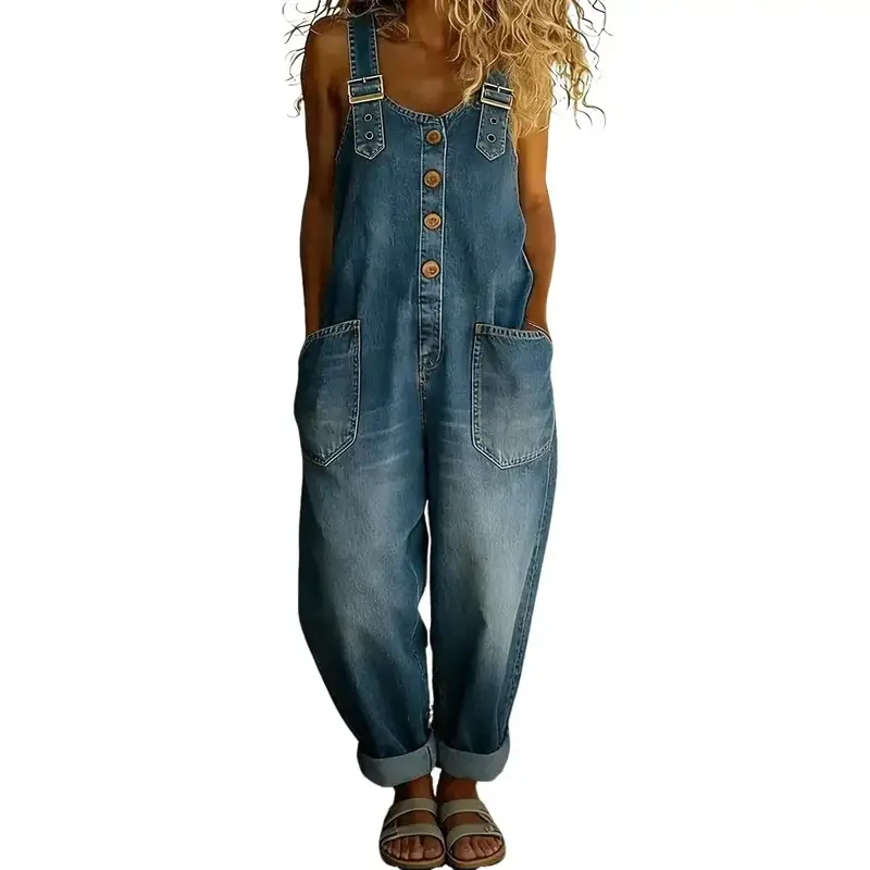 Women's Denim Overalls, Chic Retro Plain Loose-Fit with Adjustable Straps and Distressed Details, Casual Wear, Above The Ankle, Elegant,